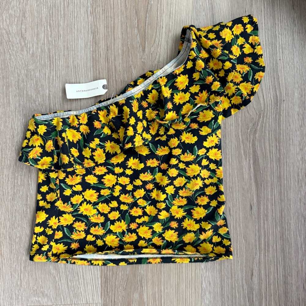 NWT Anthropologie One Shoulder Black and Yellow Ruffled Sunflower Top by Maeve